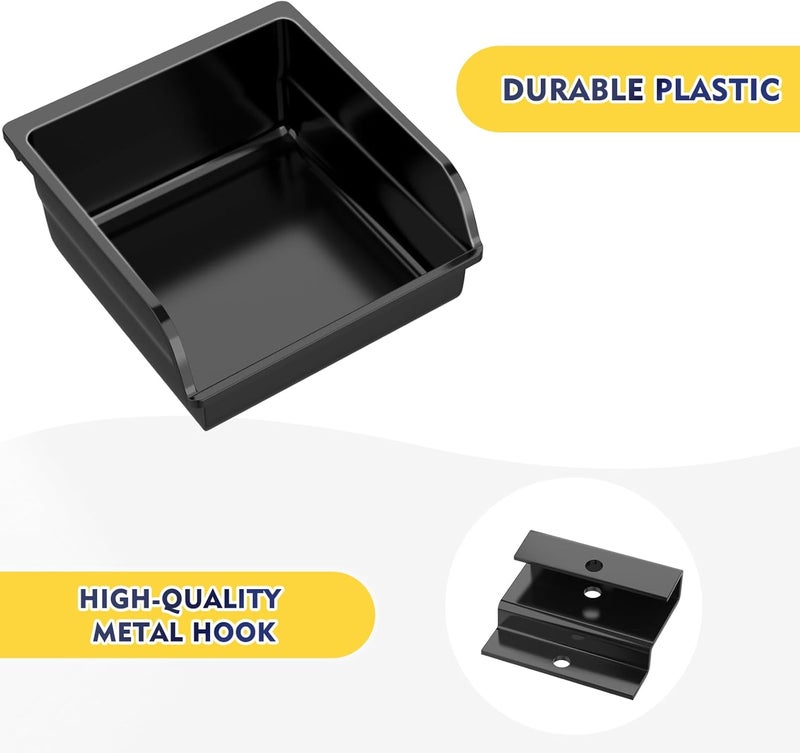 BeapTcely 6 Pack Slatwall Bins with Hooks Plastic Slatwall Organizer Slatwall Containers Workbench Bins for Slat Wall Organizing Hardware, Garage, Craft Room, Tool Shed, Hobby Supplies (6, Black) - Image 4